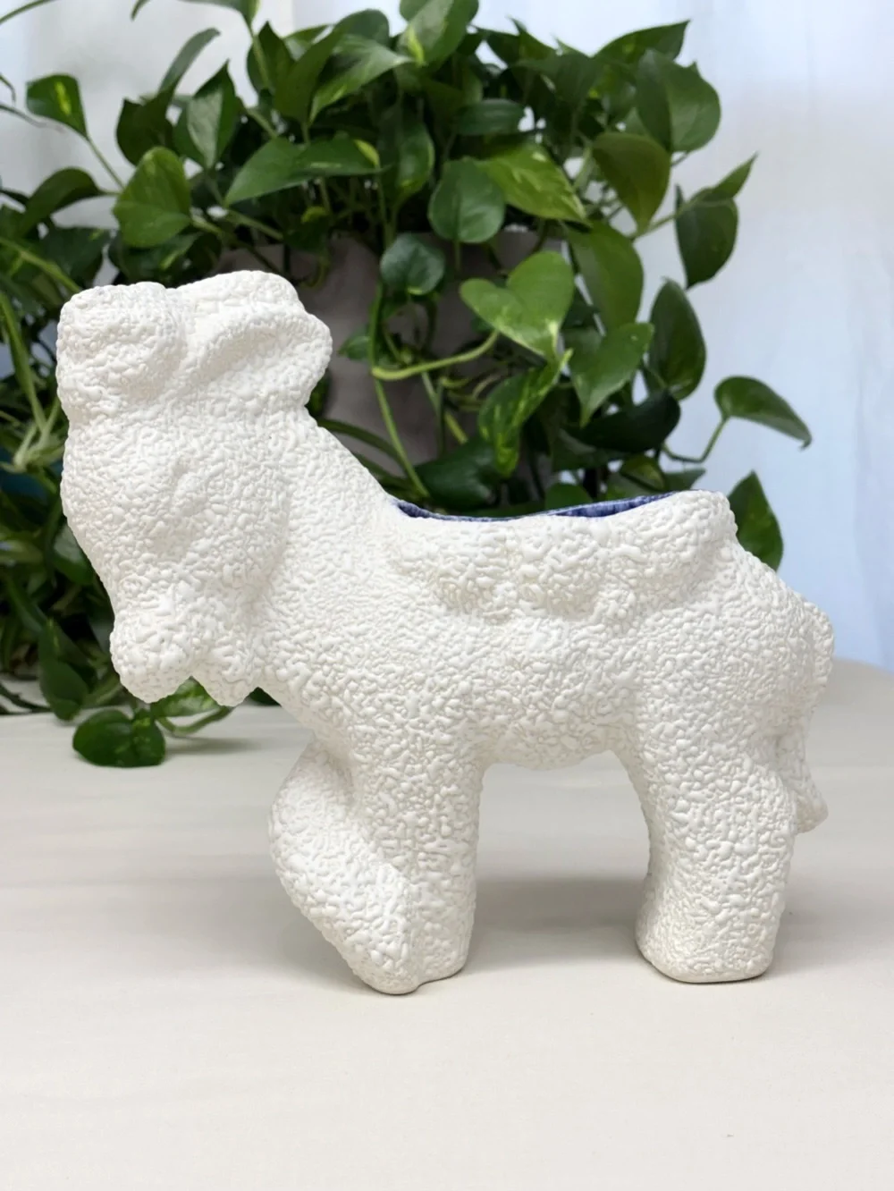 Vintage White Spaghetti Texture Donkey Planter Cobalt Blue Glaze